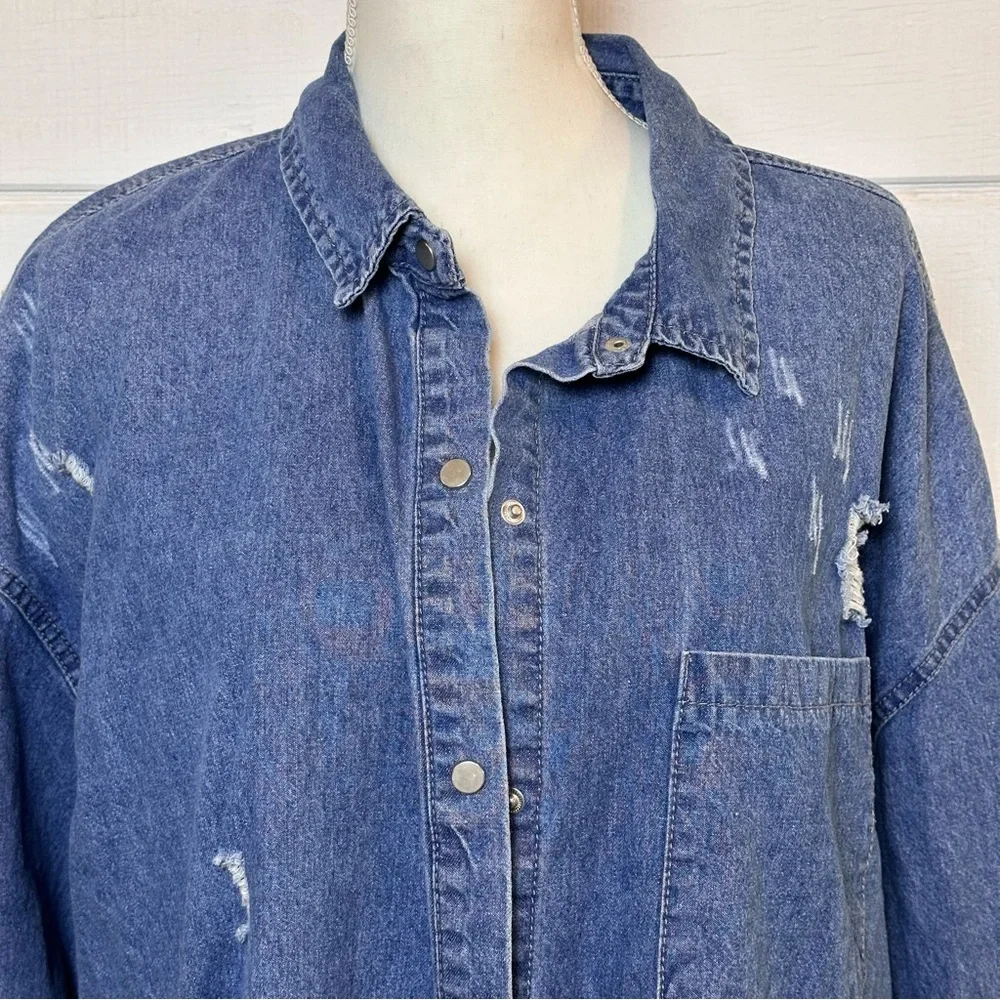 Missguided Plus Super Distressed Hem Denim Shirt Jacket Dress Blue Sz Large ASOS - Picture 5 of 13